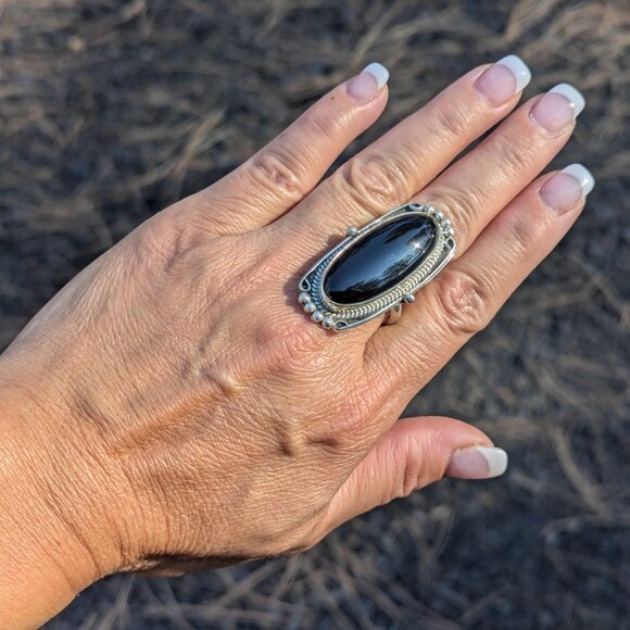 SouthwestArtisans Jewelry - Handmade Navajo Jet Black Ring Large Oval Shape Sterling Silver Jewelry Sz 10 **